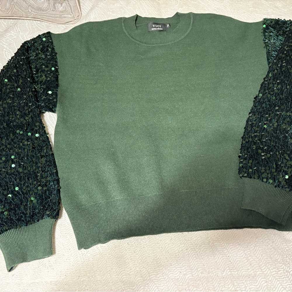 VICI Green Sweater with Sequin Sleeves Size XS